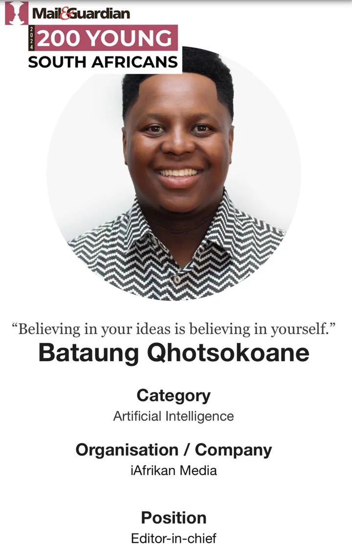Mail and Guardian 200 Young South Africans 2025 profile of Bataung Qhotsokoane, Artificial Intelligence category
